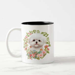 Adorable Maltese Puppy in Bloom, Maltese Dog lover Two-Tone Coffee Mug