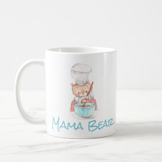 Adorable Mama Bear Cooking Watercolor Coffee Mug (Left)