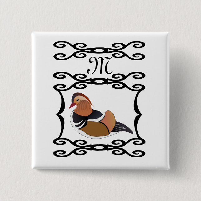 Adorable Mandarin Duck Cartoon Monogram 2 Inch Square Button (Front)