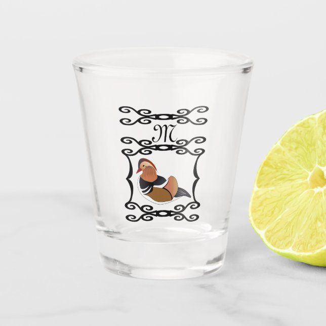 Adorable Mandarin Duck Cartoon Monogram Shot Glass (Front)