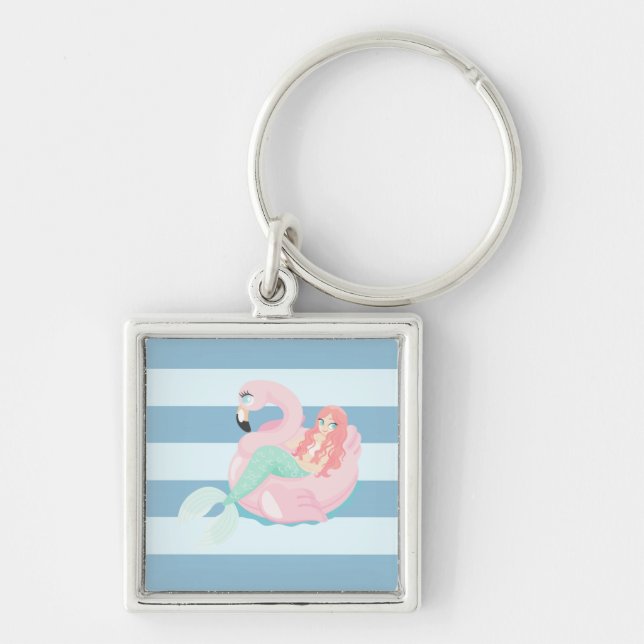 Adorable Mermaid on Light Blue and White Stripes Keychain (Front)