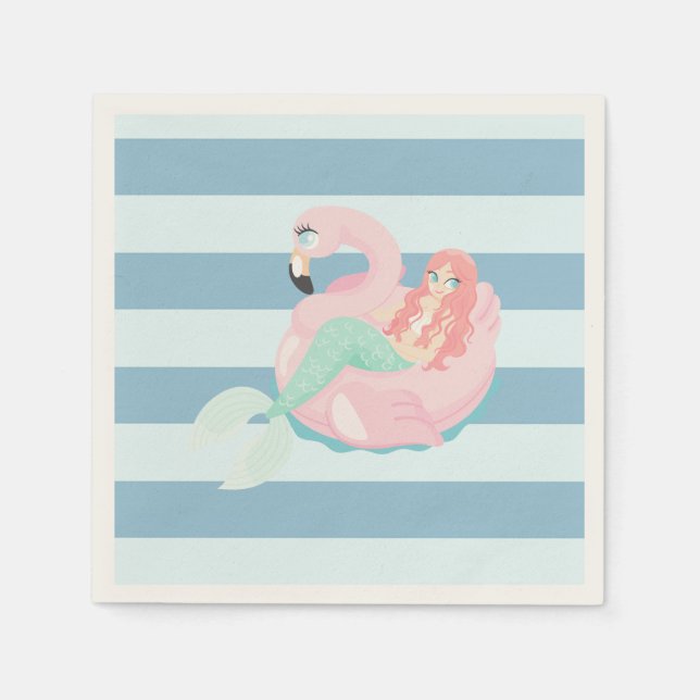Adorable Mermaid on Light Blue  Stripes Napkin (Front)