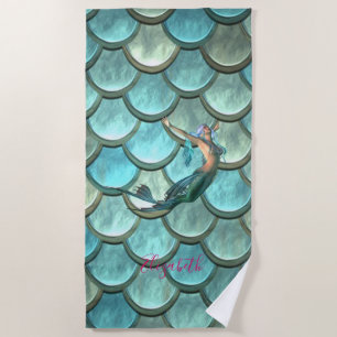 Adorable Mermaid On Mermaid Scale -Personalized Beach Towel
