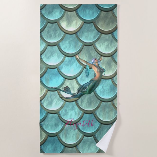 Adorable Mermaid On Mermaid Scale -Personalized Beach Towel (Front)