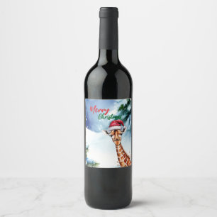 adorable Merry Christmas white winter giraffe Wine Label