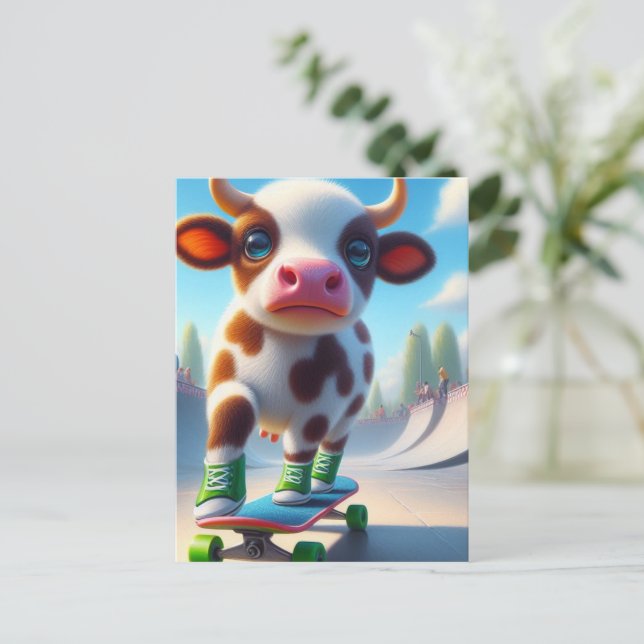Adorable Mini Brown and White Cow Skateboarding Postcard (Standing Front)