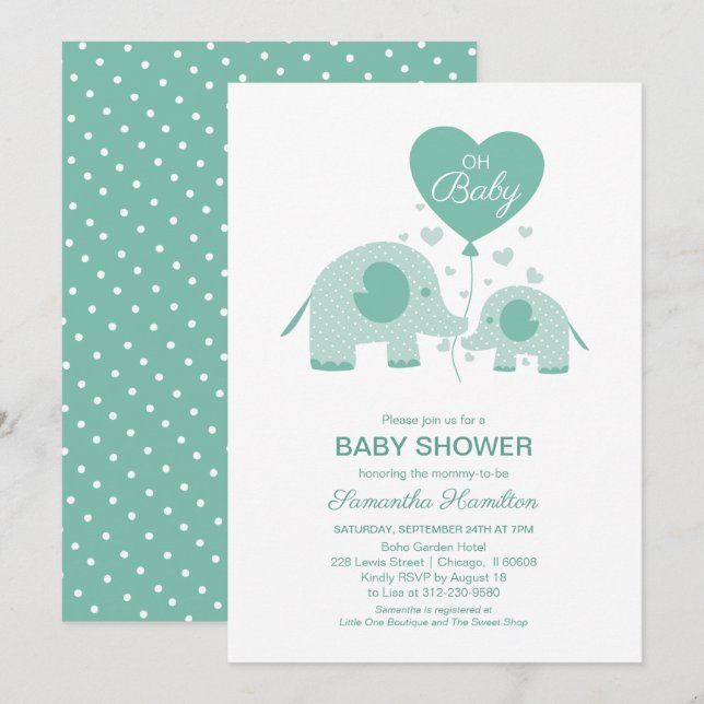 Adorable Mint Green Elephant Baby Shower Invitation (Front/Back)