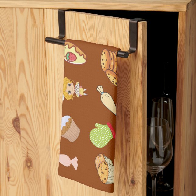 Adorable modern cute baking pattern chef brown kitchen towel (Thirds Fold)