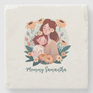 Adorable Mom and Daughter Bond - Floral Frame (3) Stone Coaster