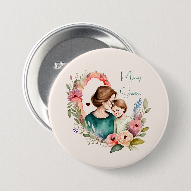 Adorable Mom and Daughter Bond - Floral Frame (4) 3 Inch Round Button (Front & Back)