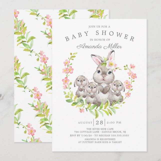 Adorable Mom & Baby Bunnies Triplets Baby Shower Invitation (Front/Back)