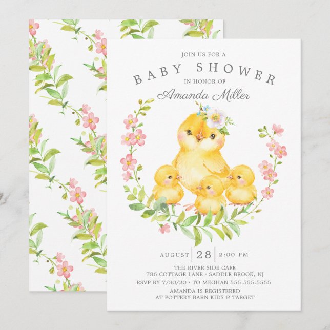 Adorable Mom & Baby Chicks Triplets Baby Shower Invitation (Front/Back)