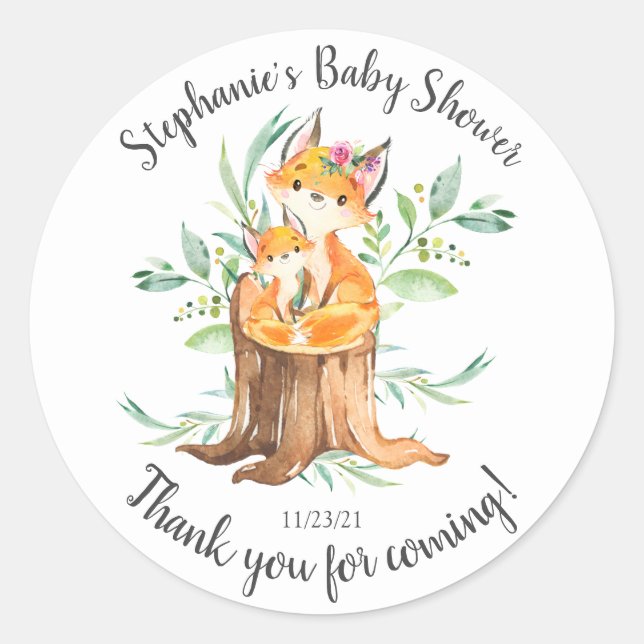 Adorable Mom & Baby Fox Baby Shower Favour Classic Round Sticker (Front)