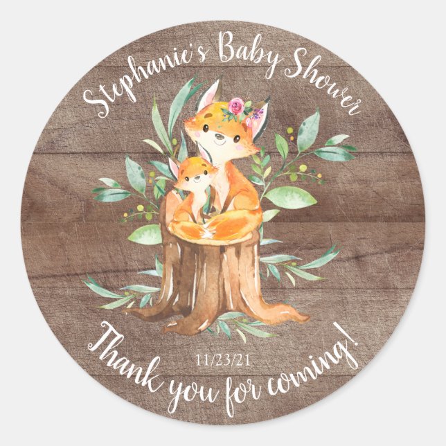 Adorable Mom & Baby Fox Baby Shower Favour Classic Round Sticker (Front)