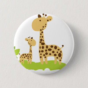 Adorable Mom & Baby Giraffe Green & Yellow 2 Inch Round Button