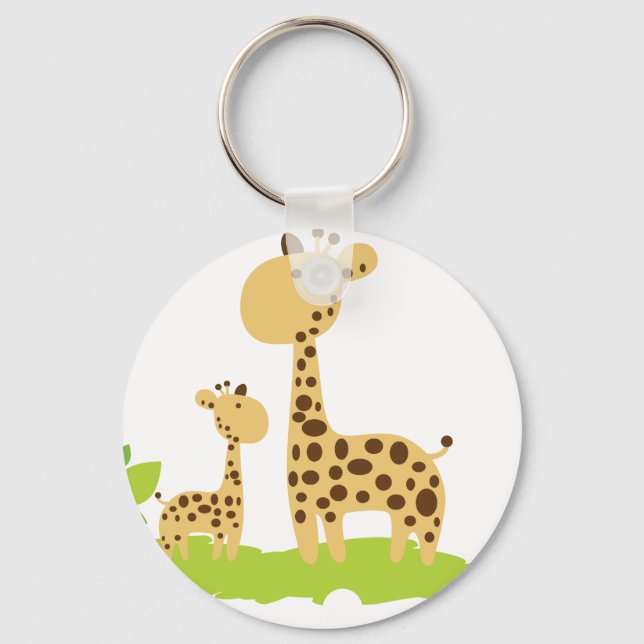 Adorable Mom & Baby Giraffe Green & Yellow Keychain (Front)