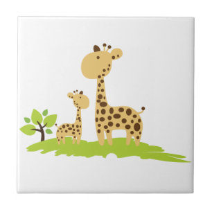 Adorable Mom & Baby Giraffe Green & Yellow Tile