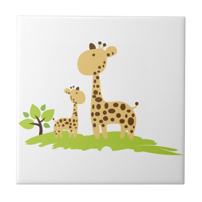Adorable Mom & Baby Giraffe Green & Yellow Tile (Front)