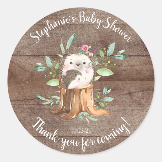 Adorable Mom & Baby Hedgehog Baby Shower Favour Classic Round Sticker (Front)