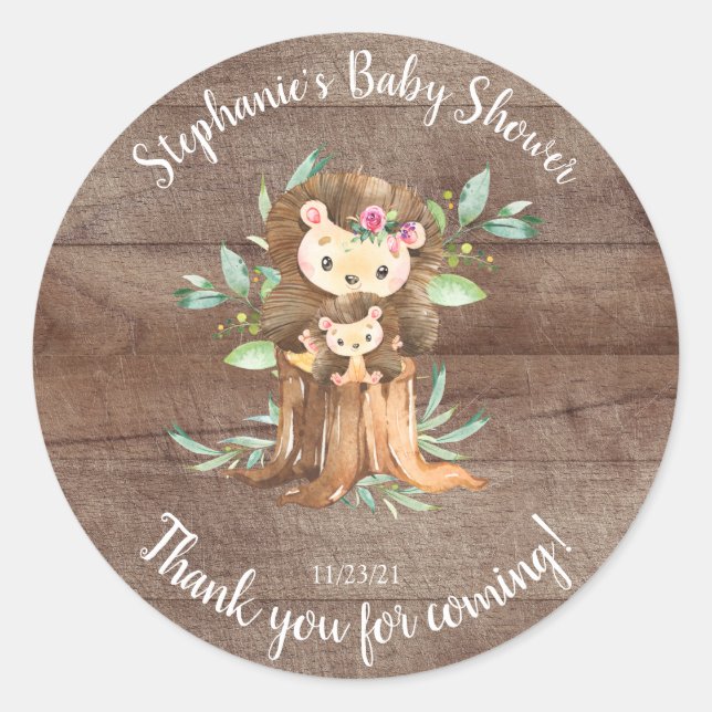 Adorable Mom & Baby Hedgehog Baby Shower Favour Classic Round Sticker (Front)