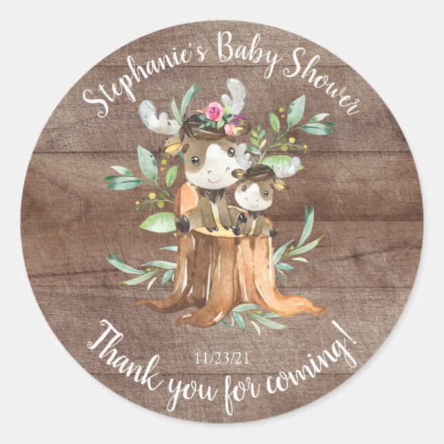 Adorable Mom & Baby Moose Baby Shower Favour Classic Round Sticker (Front)