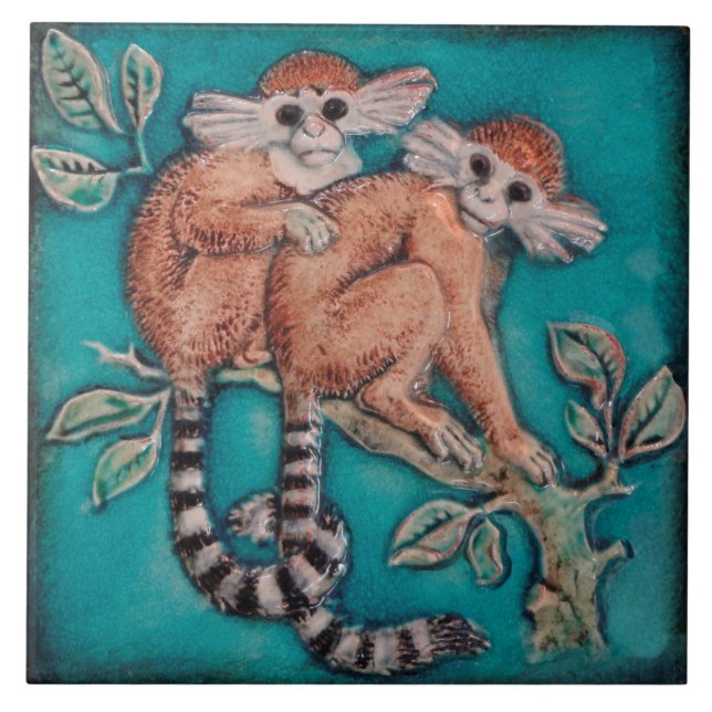 Adorable Monkeys Majolica Repro German Antique Tile (Front)