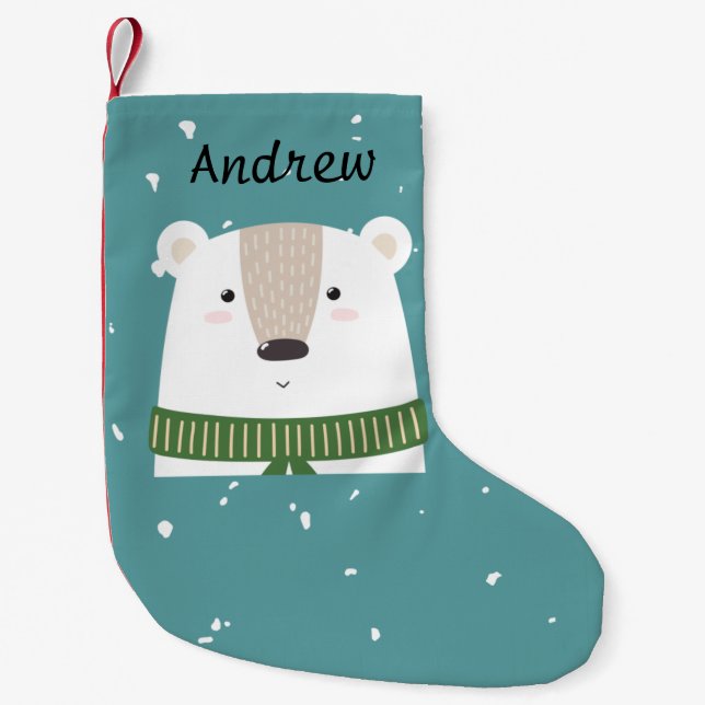 Adorable Monogram Christmas Polar Bear Blue White Small Christmas Stocking (Front)
