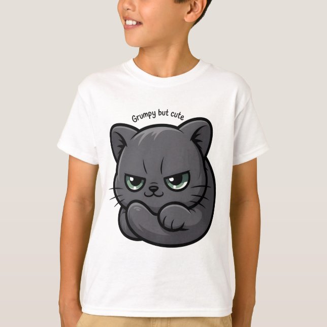 Adorable Moody Grey Kitty Cartoon T-Shirt (Front)