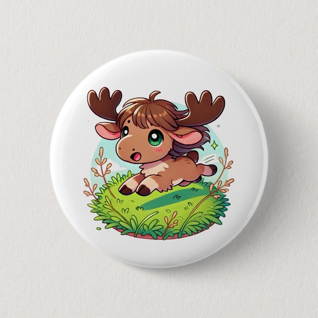 Adorable moose calf running through a field  2 inch round button (Front)