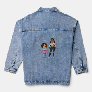 Adorable Mother and Daughter Illustration Long Sle Denim Jacket