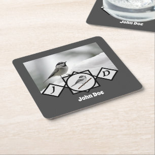 Adorable Mountain Chickadee Monogram Photo Square Paper Coaster