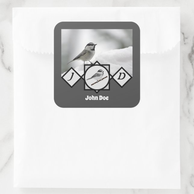 Adorable Mountain Chickadee Monogram Photo Square Sticker (Bag)