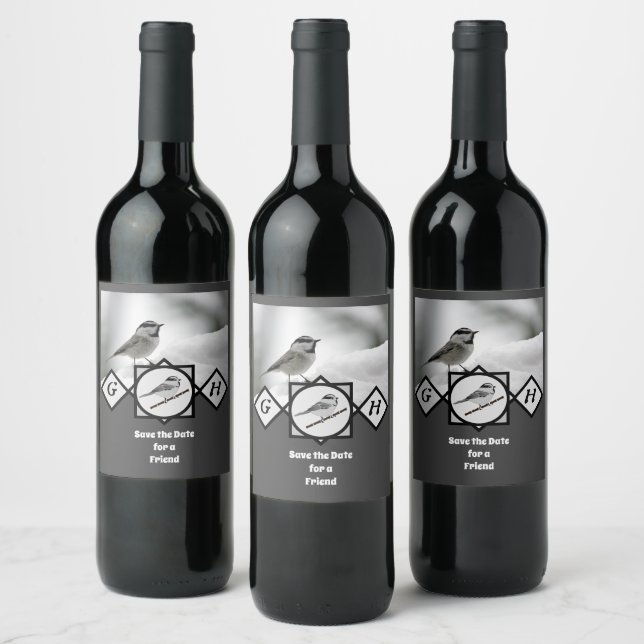 Adorable Mountain Chickadee Monogram Photo Wine Label (Bottles)