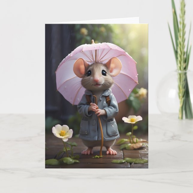 Adorable Mouse Daisy Flowers Illustration Blank Card (Front)