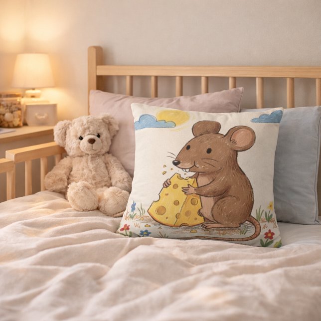 Adorable Mouse Eating Cheese Drawing Kids Throw Pillow (Creator Uploaded)