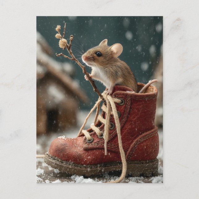 Adorable Mouse in a Miniature Boot in the Snow Holiday Postcard (Front)