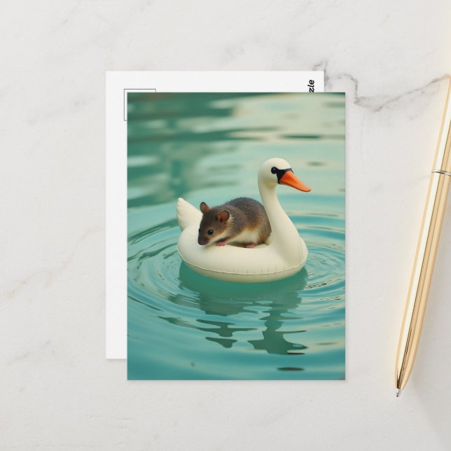 Adorable Mouse on a Swan Pool Float Postcard (Front/Back In Situ)