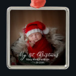 Adorable My First Christmas Newborn Baby Photo Metal Ornament<br><div class="desc">Simple lovely baby first Christmas ornament. Easy to personalize with your details. Please get in touch with me via chat if you have questions about the artwork or need customization. PLEASE NOTE: For assistance on orders,  shipping,  product information,  etc.,  contact Zazzle Customer Care directly https://help.zazzle.com/hc/en-us/articles/221463567-How-Do-I-Contact-Zazzle-Customer-Support-.</div>