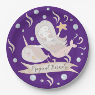 Adorable Narwhal and Mermaid Pastels Personalized Paper Plate