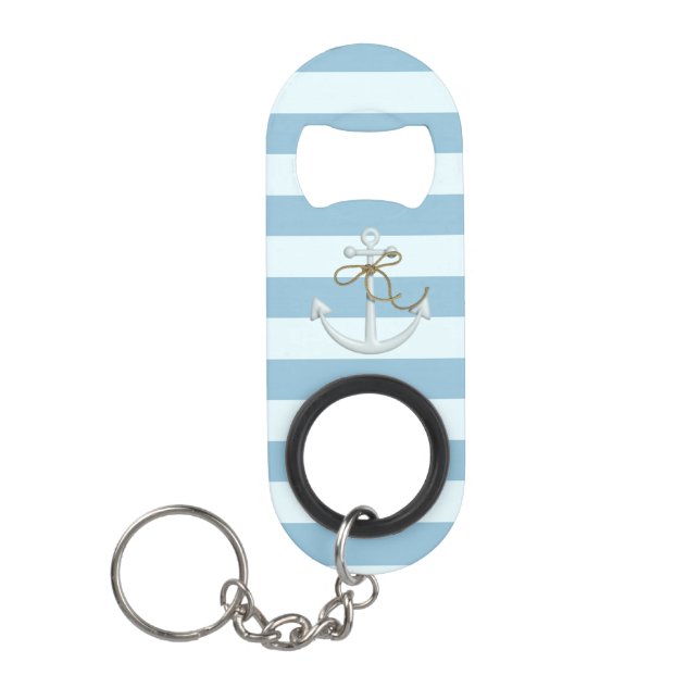 Adorable Nautical Anchor on Light Blue  Stripes Mini Bottle Opener (Front)