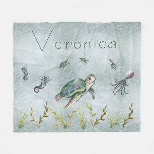 Adorable Nautical Sea Creatures Turtle Kids Baby Fleece Blanket