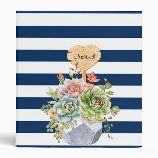 Adorable Navy Blue Striped,Succulent Binder (Front)