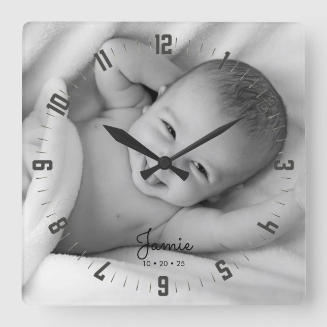 Adorable Newborn Baby Photo Nursery Square Wall Cl Square Wall Clock (Front)