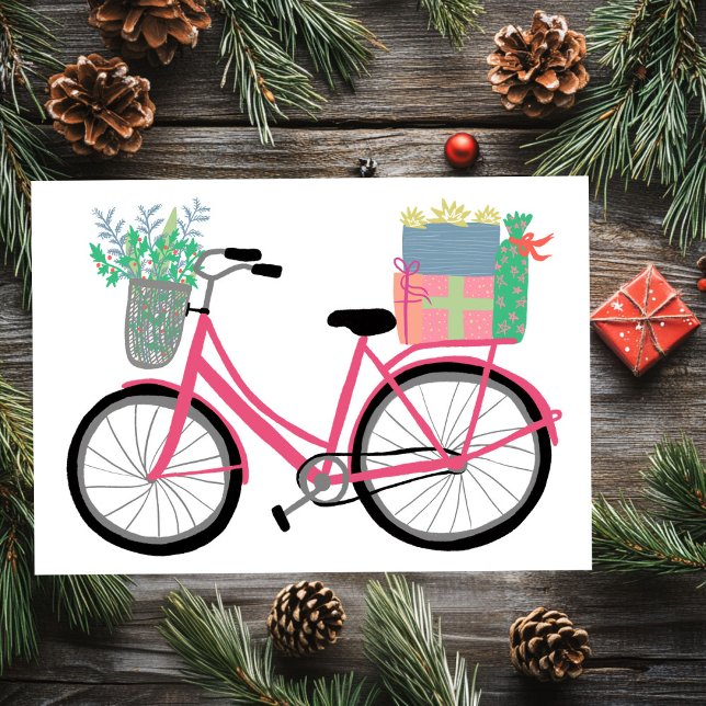 Adorable Noël Vélos Cadeaux Pink Carte de vacances (Adorable Christmas Bicycle Holiday Xmas Gifts Pink Flat 
Card)