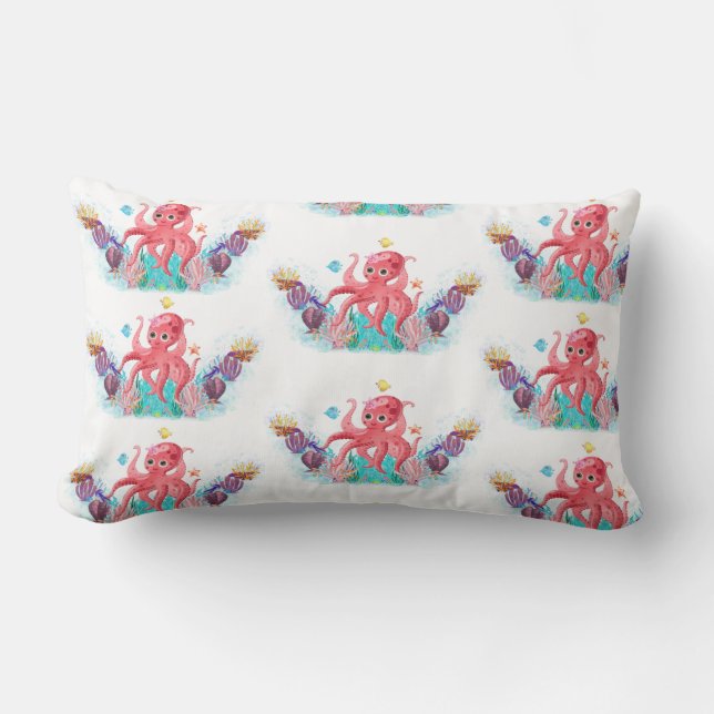 Adorable Ocean Octopus & Colourful Seashells  Lumbar Pillow (Front)