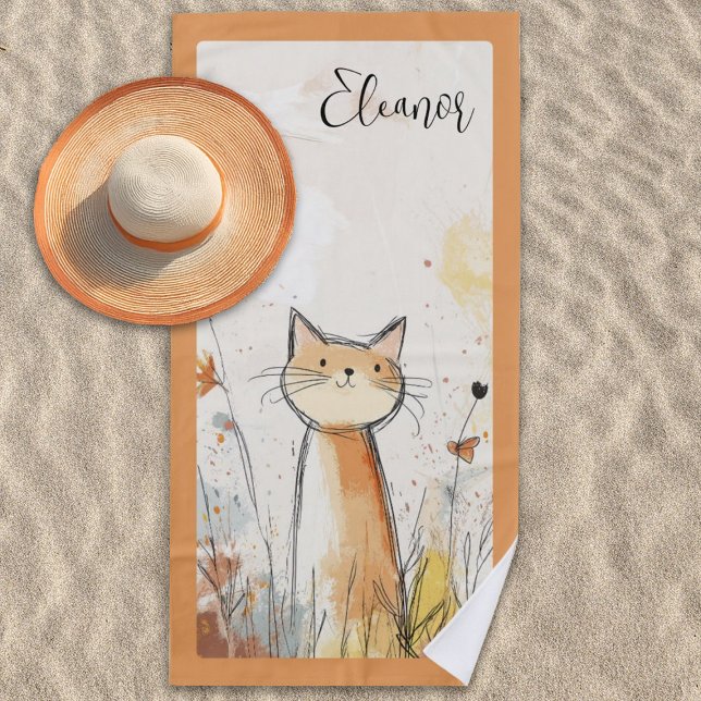 Adorable Orange Cat Illustration Personalized Beach Towel (Creator Uploaded)