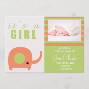 Adorable Orange Elephant Baby Shower Invitation
