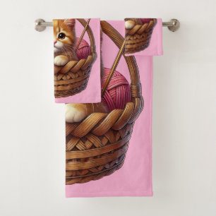Adorable Orange Kitten in Basket With Yarn Bath Towel Set