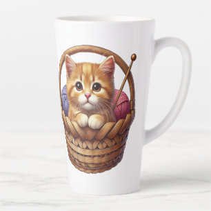 Adorable Orange Kitten in Basket With Yarn Latte Mug