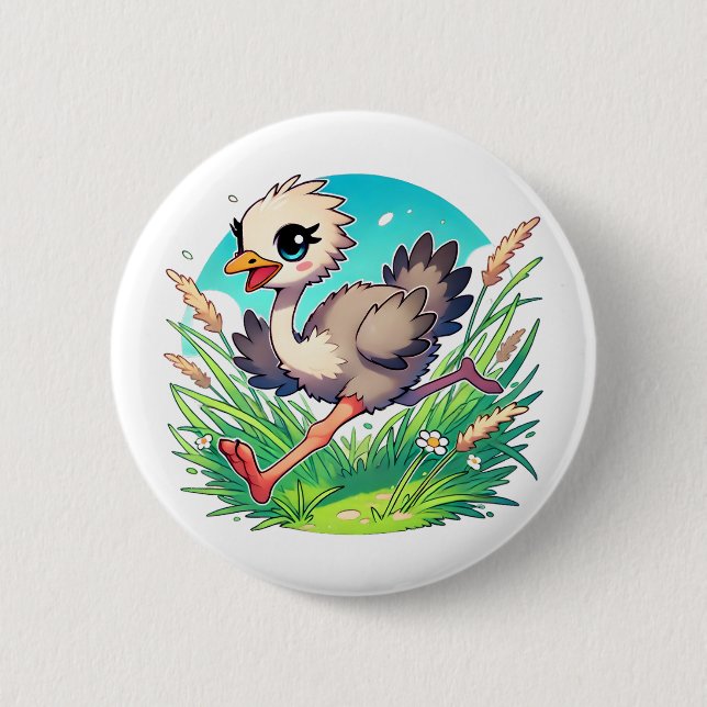 Adorable ostrich chick running through a field 2 inch round button (Front)